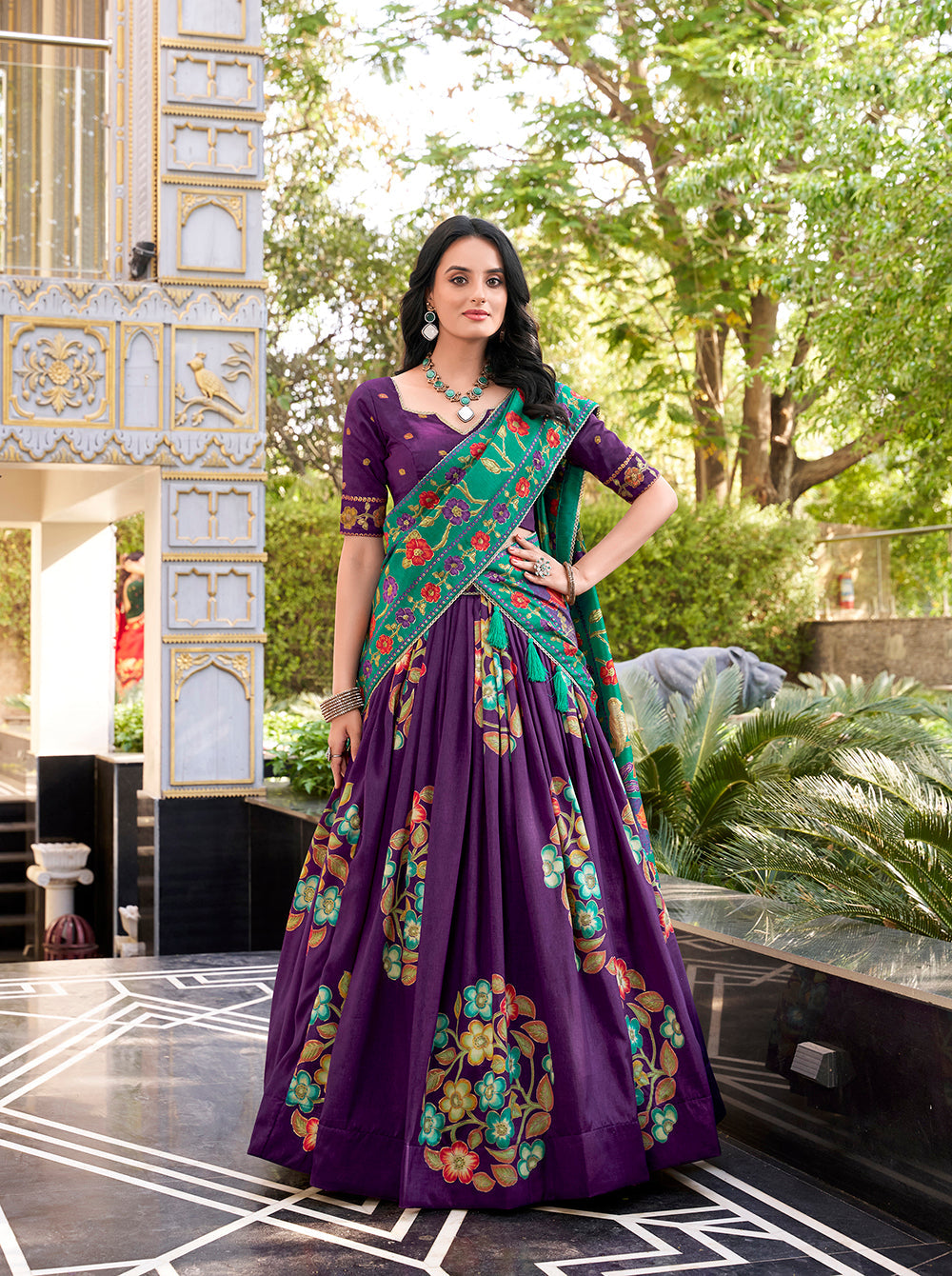 Regal purple tussar silk lehenga choli with foil print lace accents matching dupatta