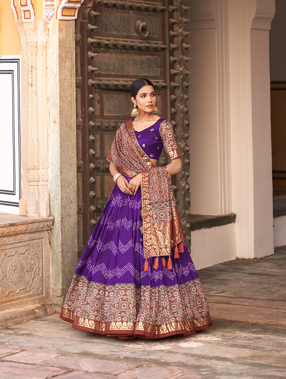 Purple Color Tussar Silk Lehenga Choli with Ajarakh Prints