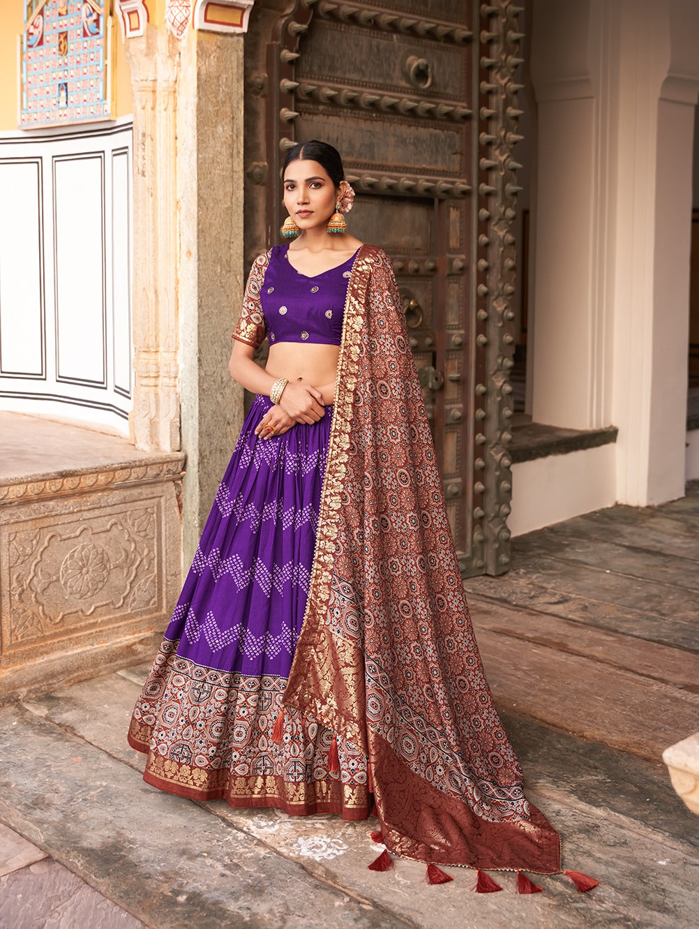 Purple Color Tussar Silk Lehenga Choli with Ajarakh Prints