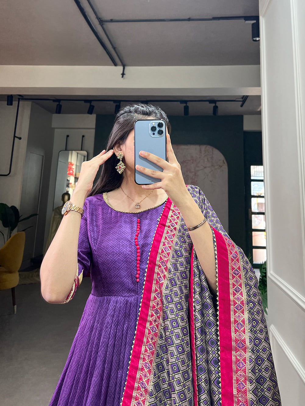 Purple Color Tussar Silk Printed Gown with Dupatta - Contemporary Elegance