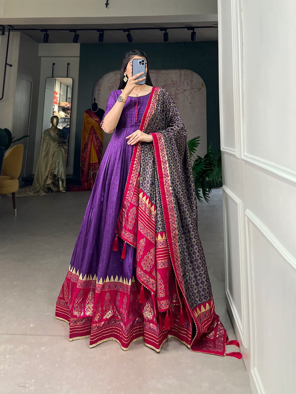Purple Color Tussar Silk Printed Gown with Dupatta - Contemporary Elegance