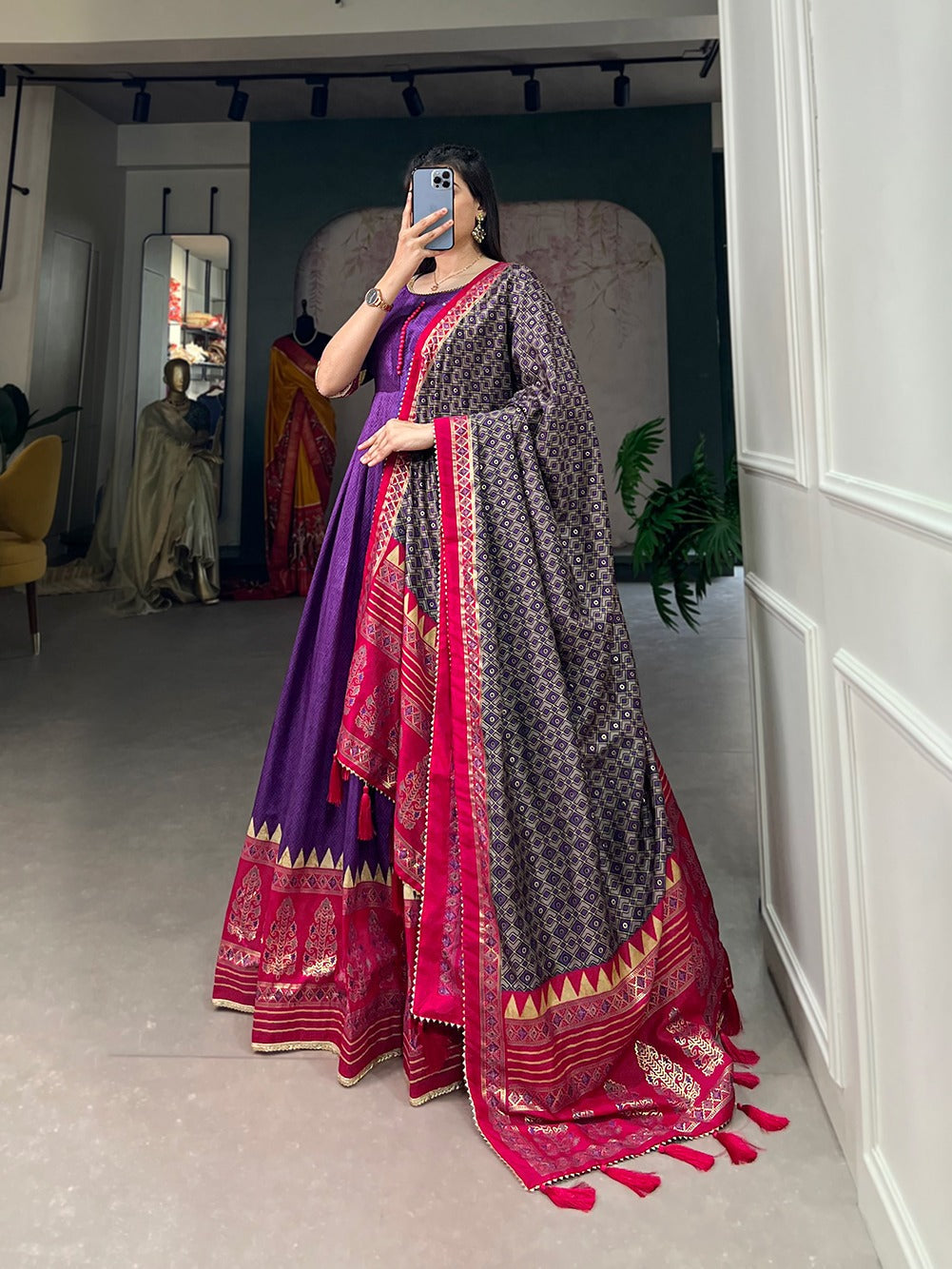 Purple Color Tussar Silk Printed Gown with Dupatta - Contemporary Elegance