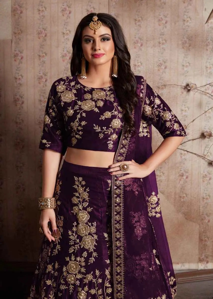 Purple Color Velvet Silk Embroidered Bridal Lehenga New