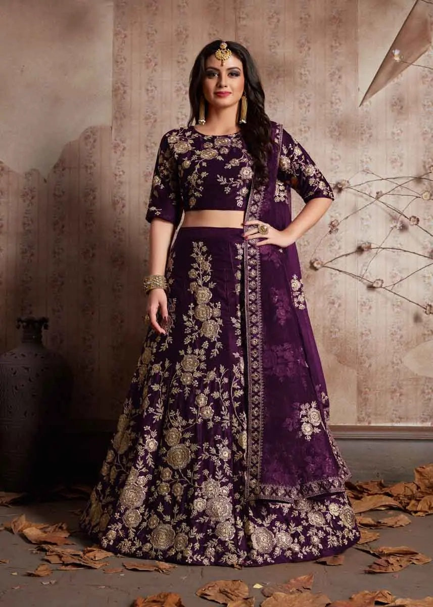 Purple Color Velvet Silk Embroidered Bridal Lehenga New