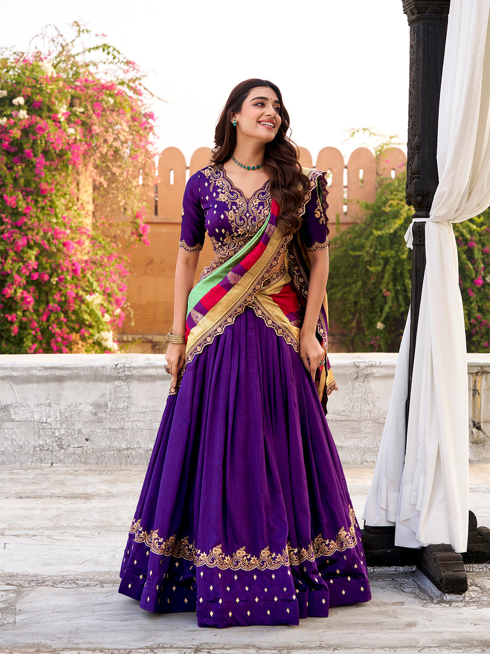 Purple party wear vichitra silk lehenga choli with sequins thread embroidery