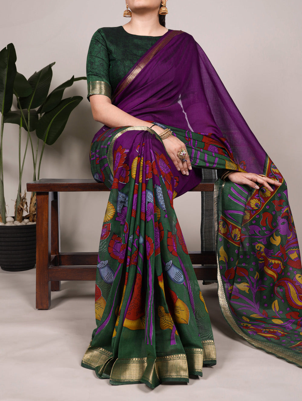Purple floral printed viscose chanderi silk saree with zari lace border