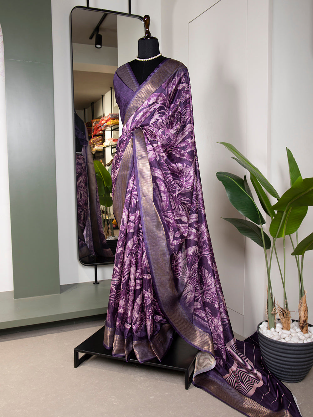 Purple Color Printed With Zari Border Dola Silk Saree