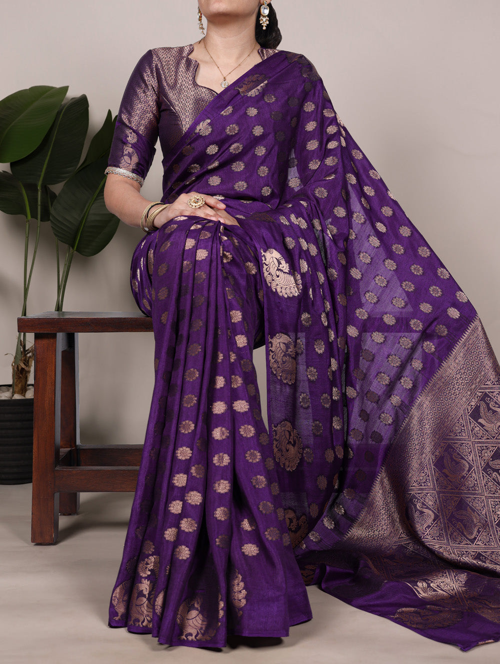 Purple roop silk saree with zari weaving unstitched lace blouse