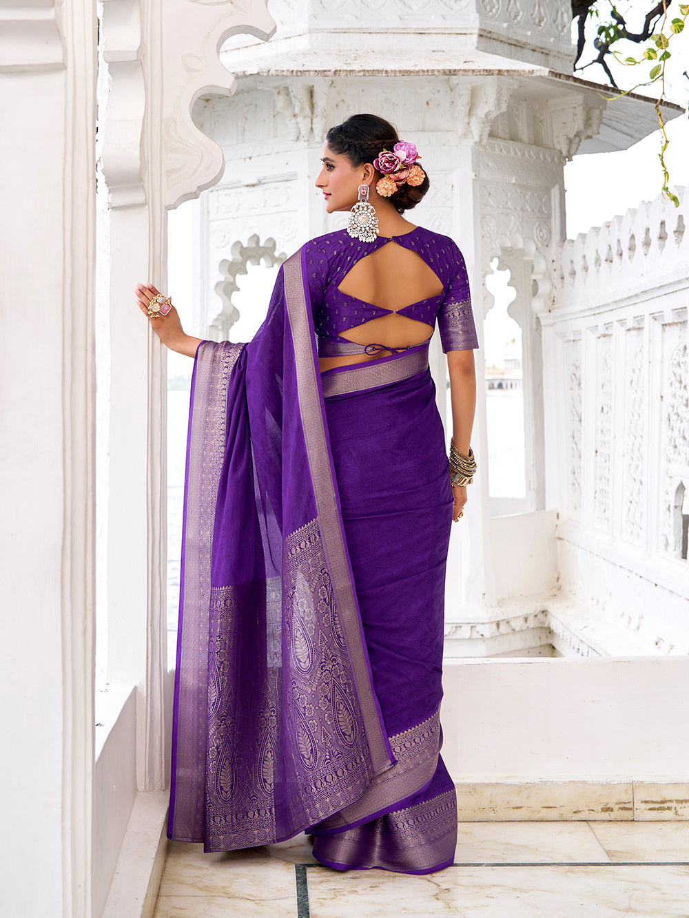 Purple self printed chinon saree with zari weaving unstitched blouse