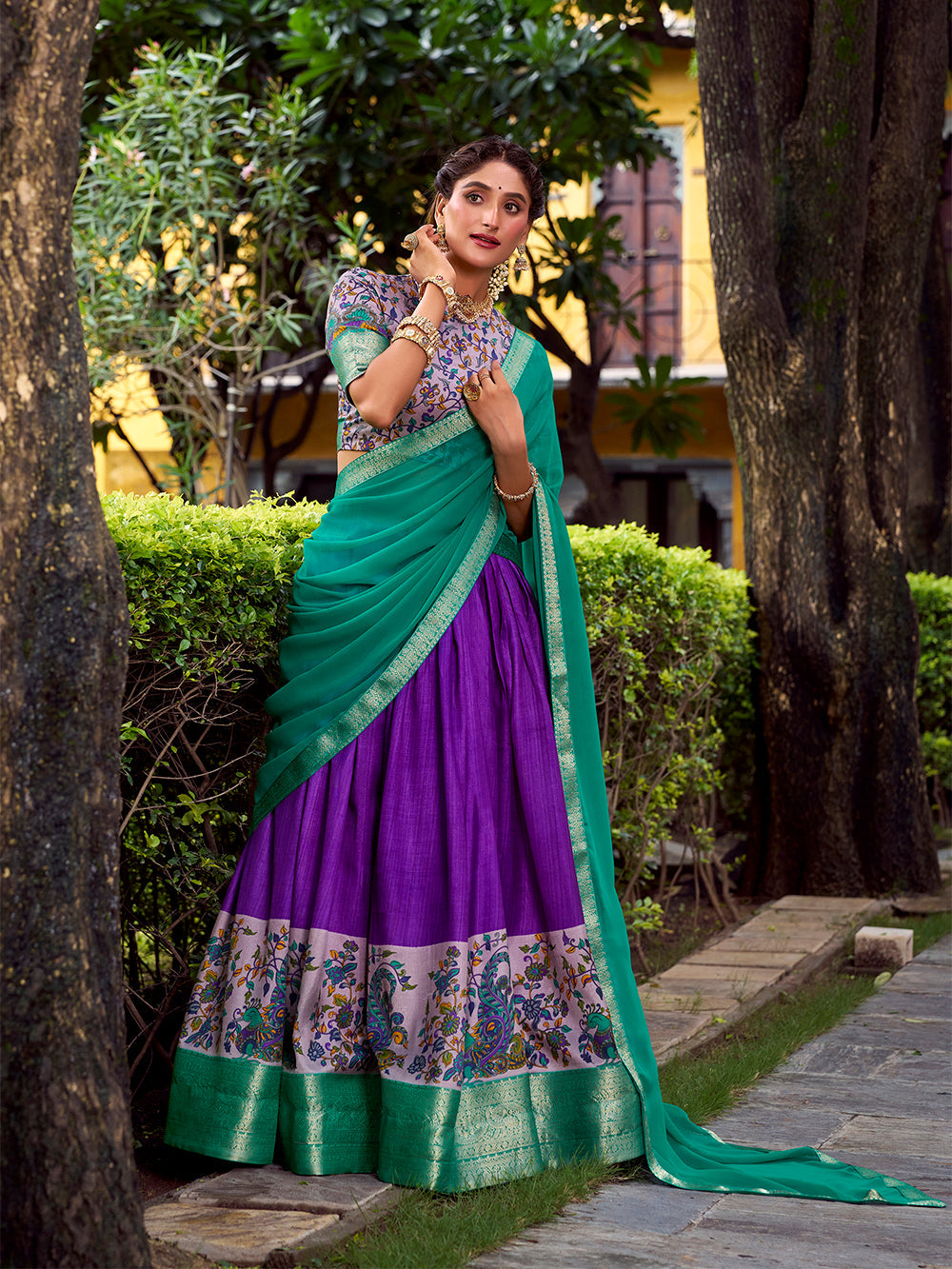 Purple astha silk printed zari weaving lehenga choli with georgette dupatta