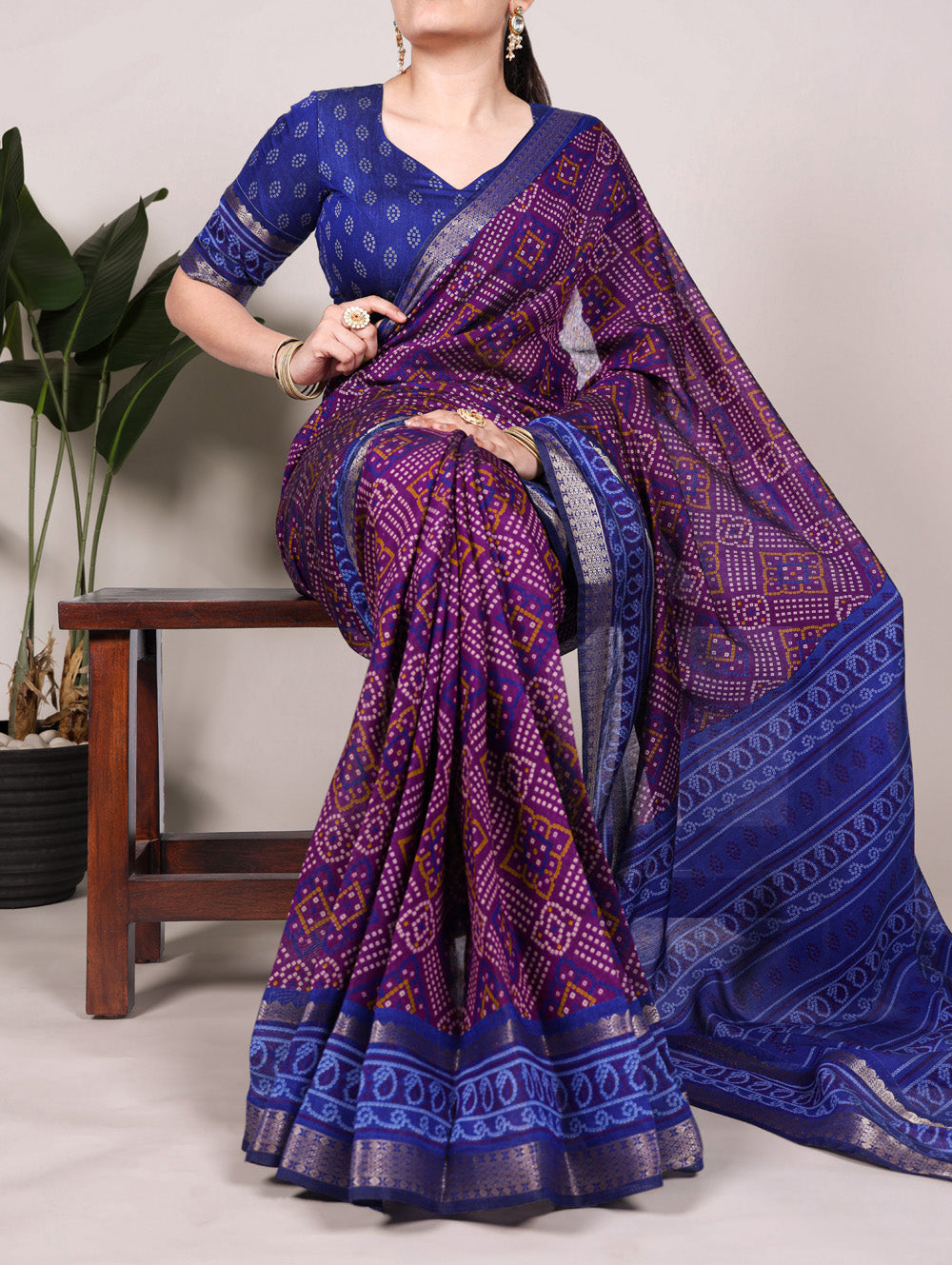 Purple viscose chanderi bandhej print saree with zari weaving border blouse piece