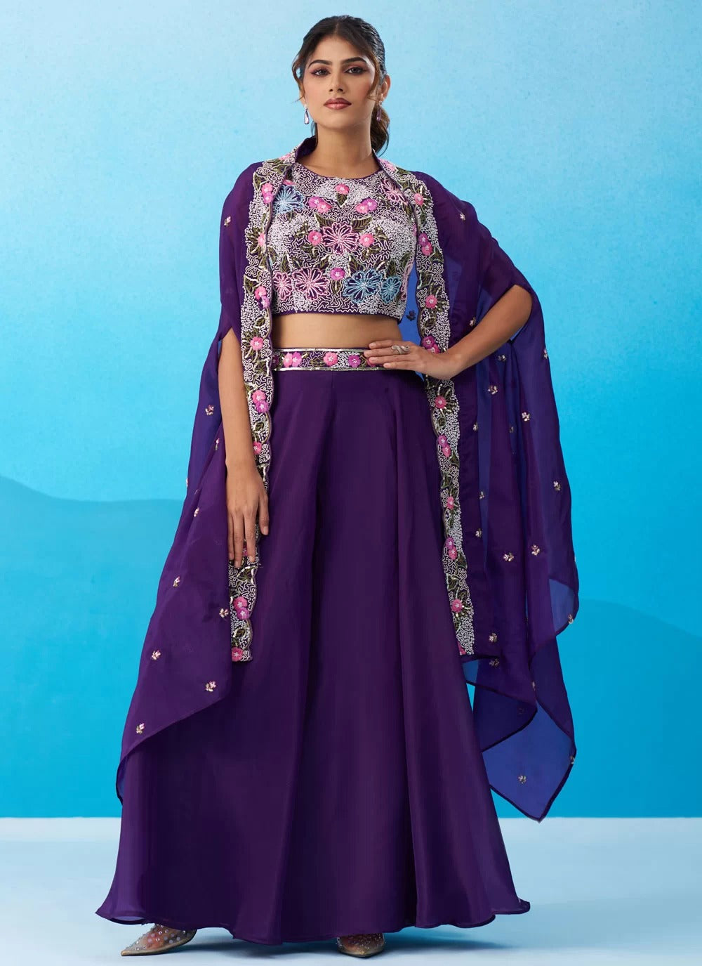 Purple crepe indo western set with embroidered flared cape palazzo