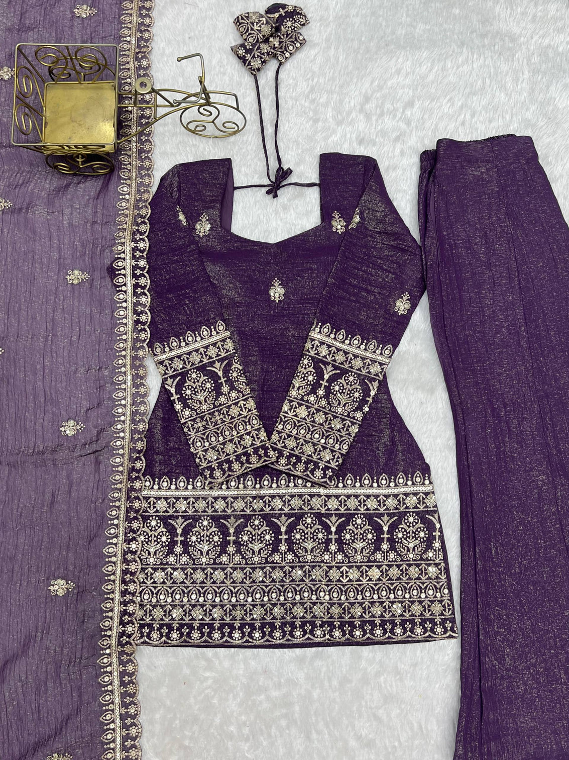 Purple Crunchy Silk Top with Bell Bottom