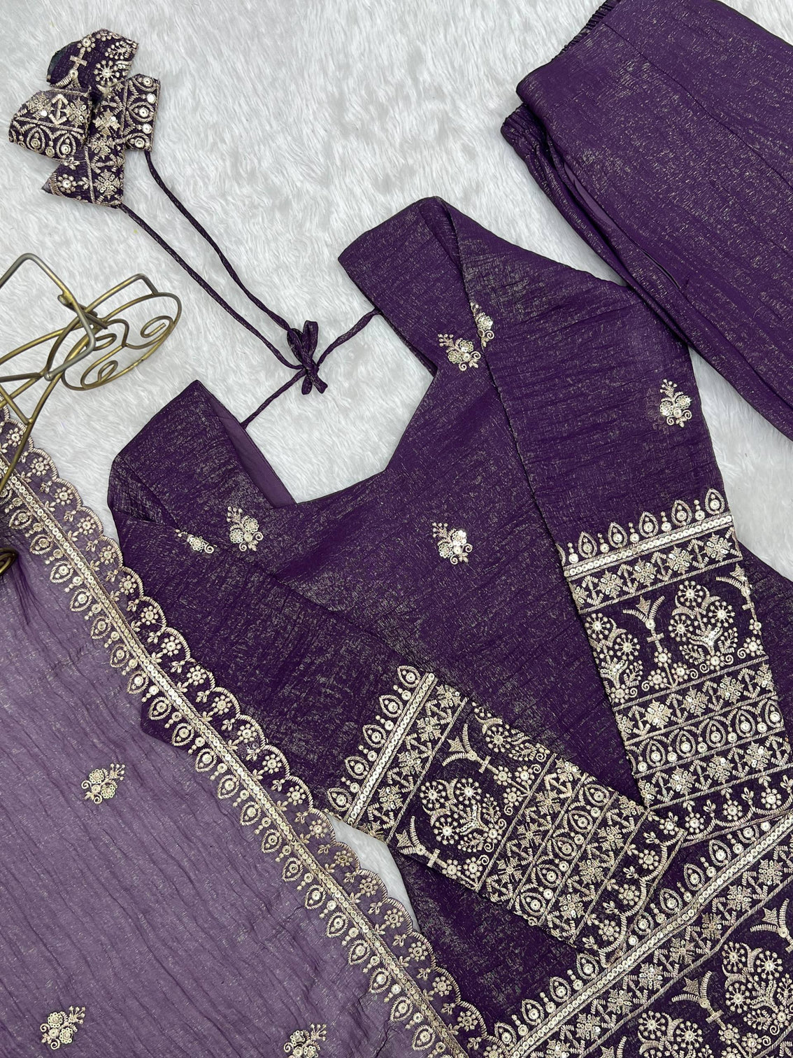 Purple Crunchy Silk Top with Bell Bottom