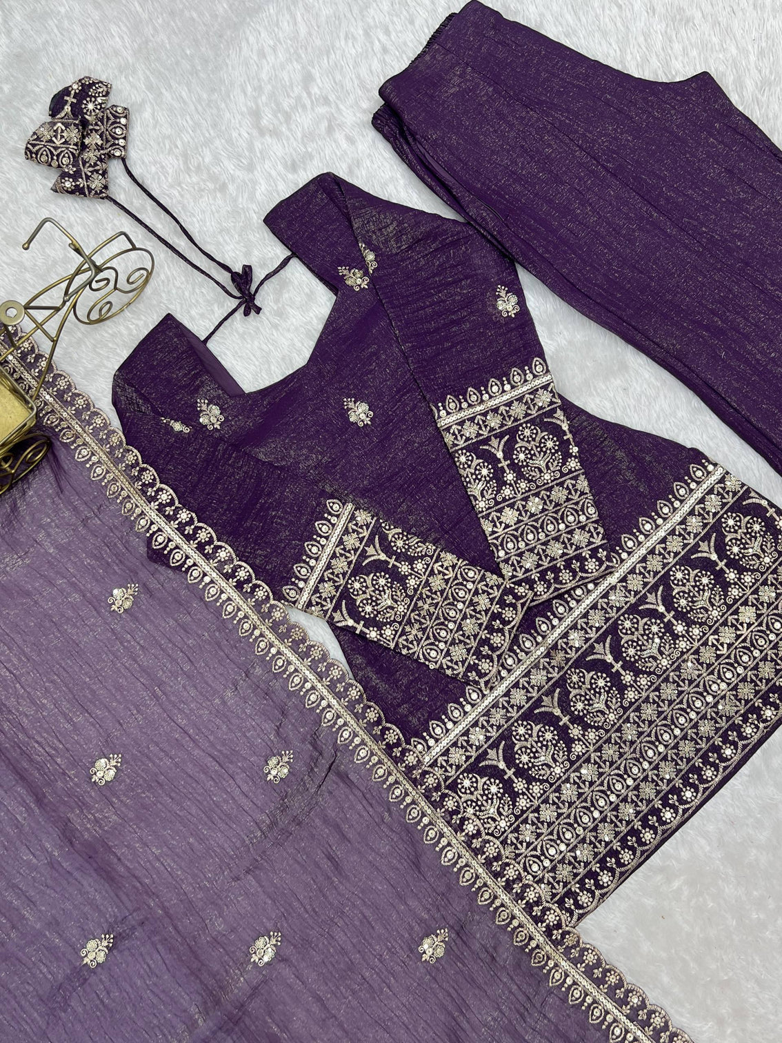 Purple Crunchy Silk Top with Bell Bottom