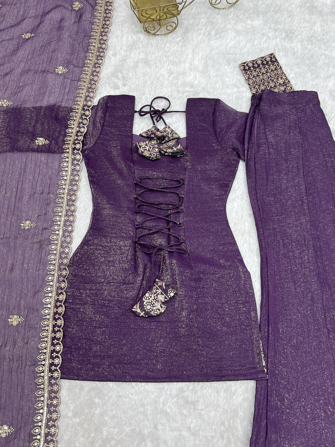 Purple Crunchy Silk Top with Bell Bottom
