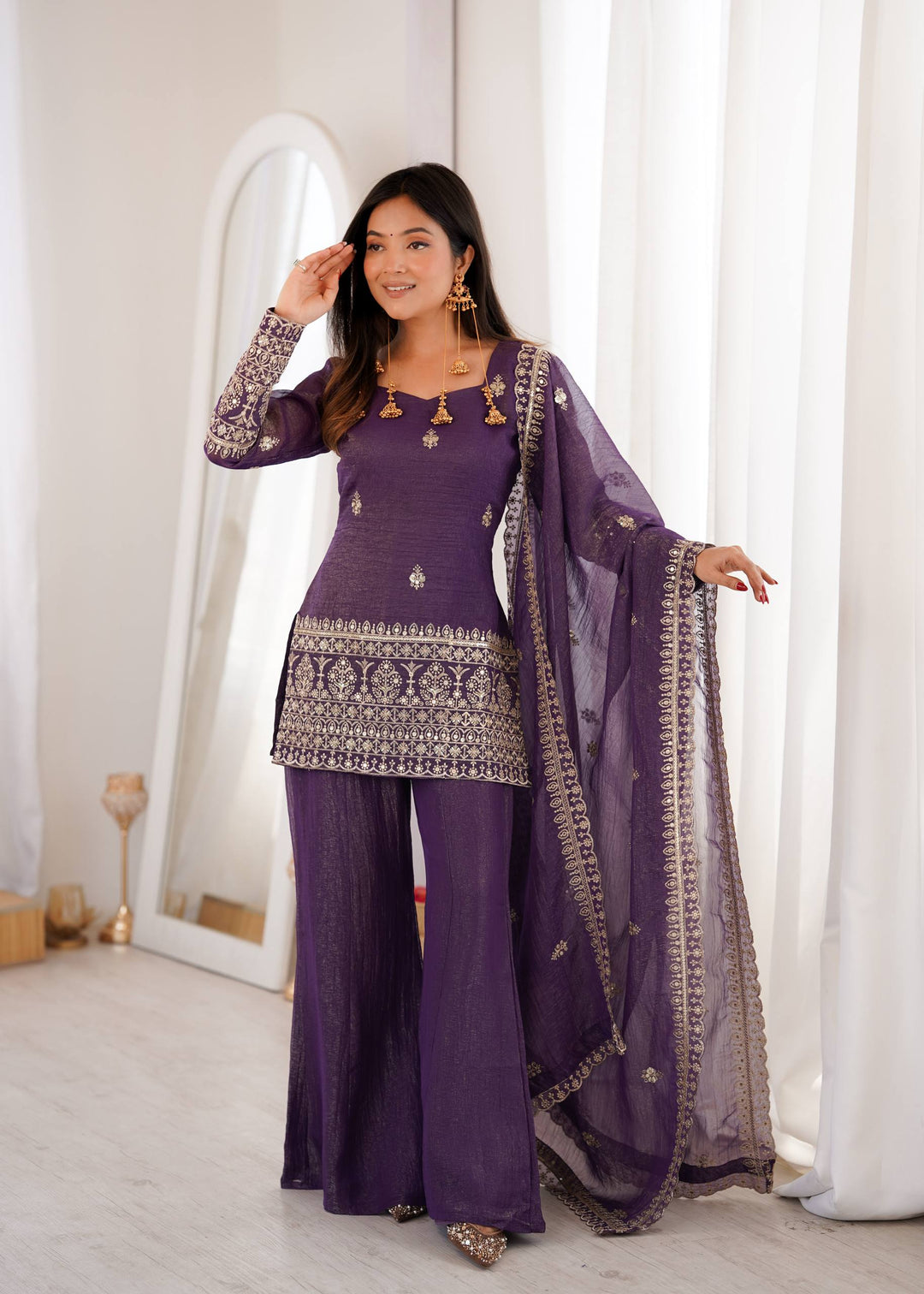 Purple Crunchy Silk Top with Bell Bottom