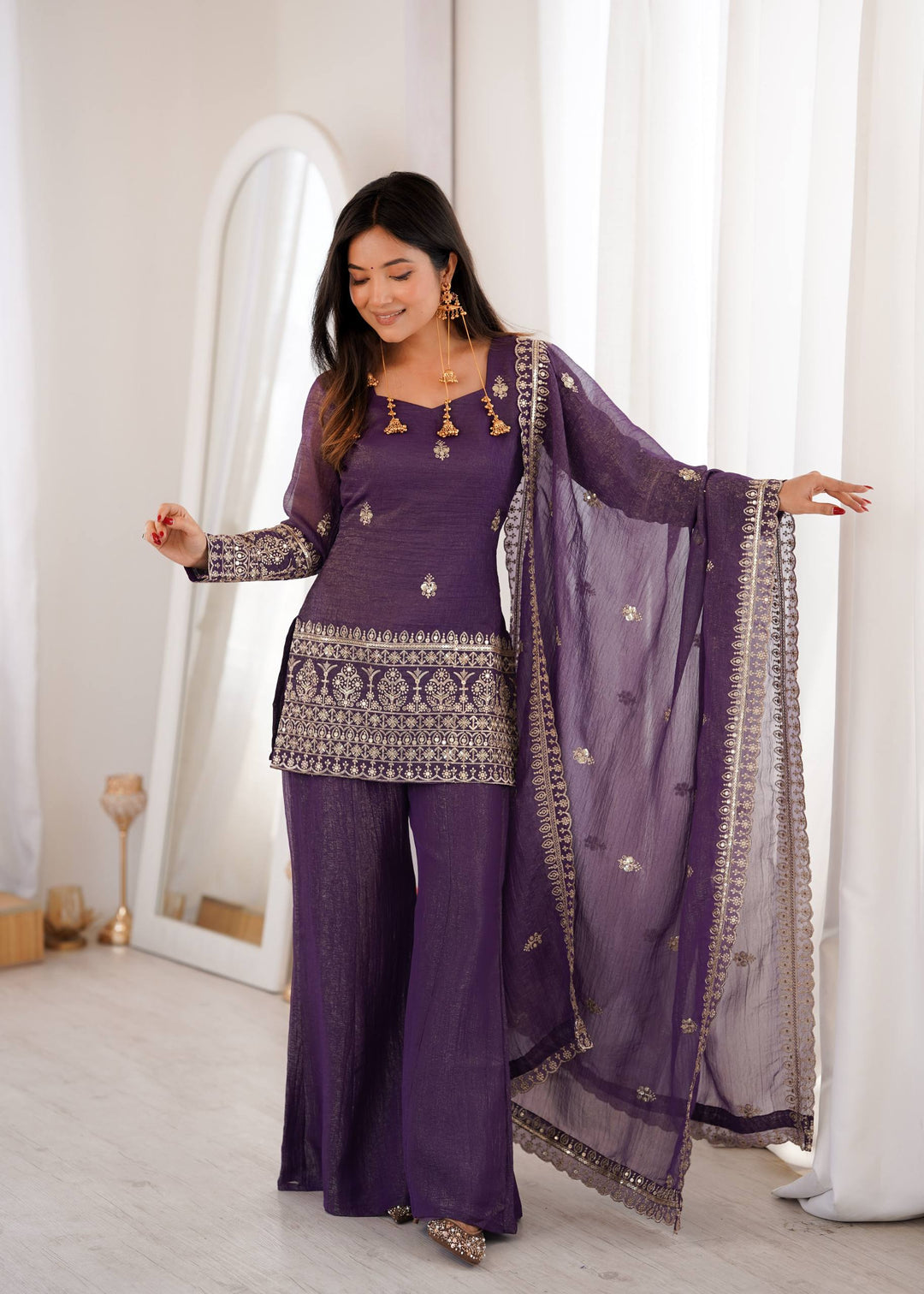 Purple Crunchy Silk Top with Bell Bottom