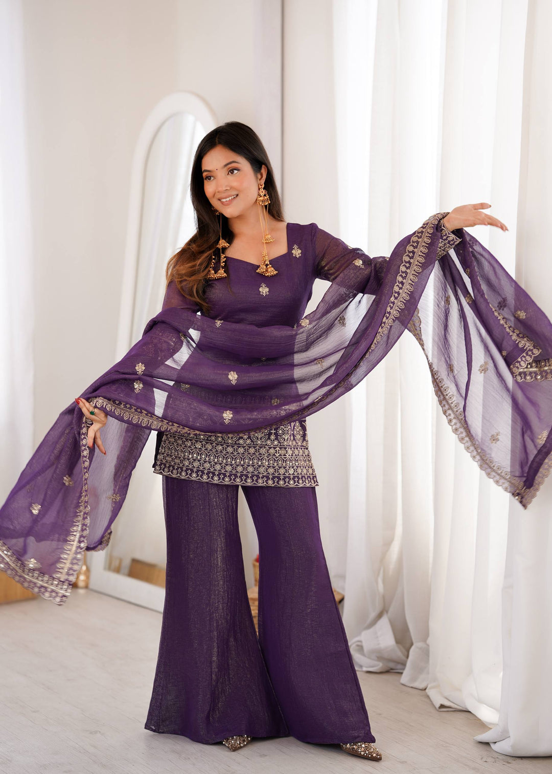 Purple Crunchy Silk Top with Bell Bottom
