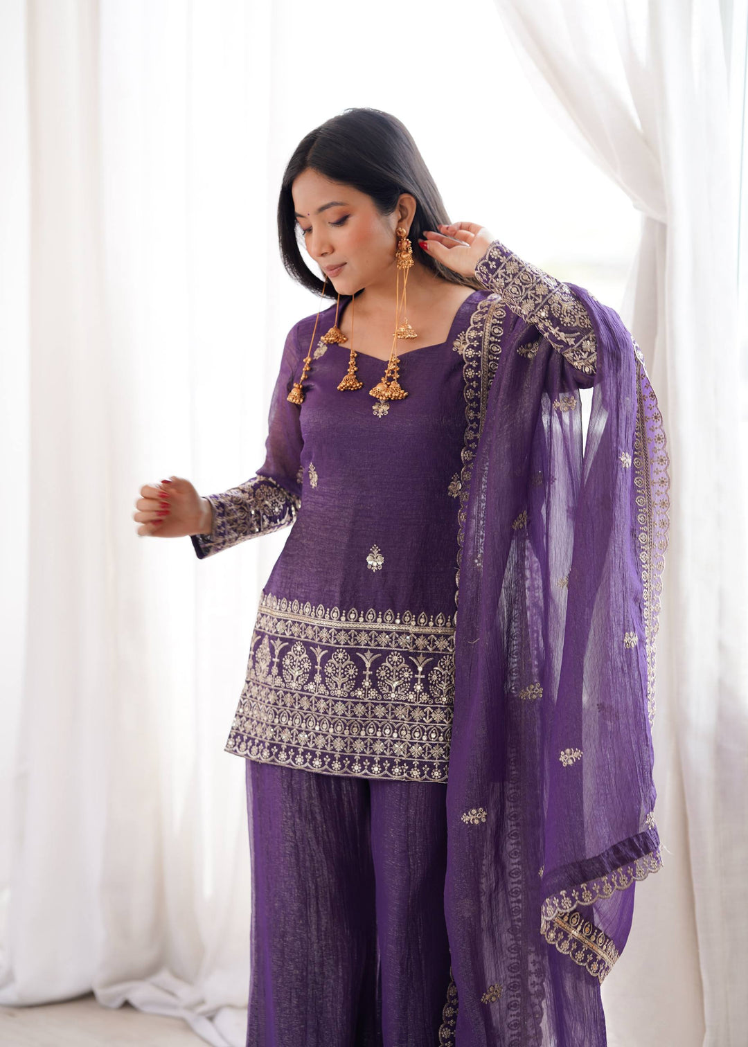 Purple Crunchy Silk Top with Bell Bottom