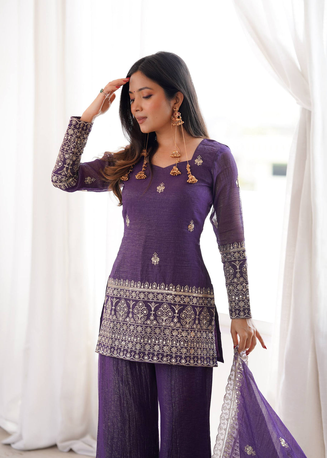 Purple Crunchy Silk Top with Bell Bottom