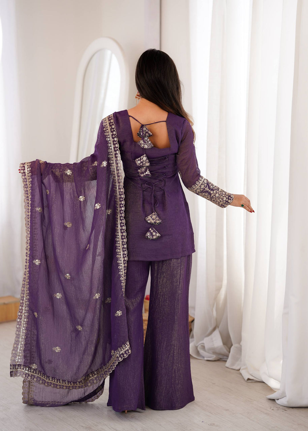 Purple Crunchy Silk Top with Bell Bottom