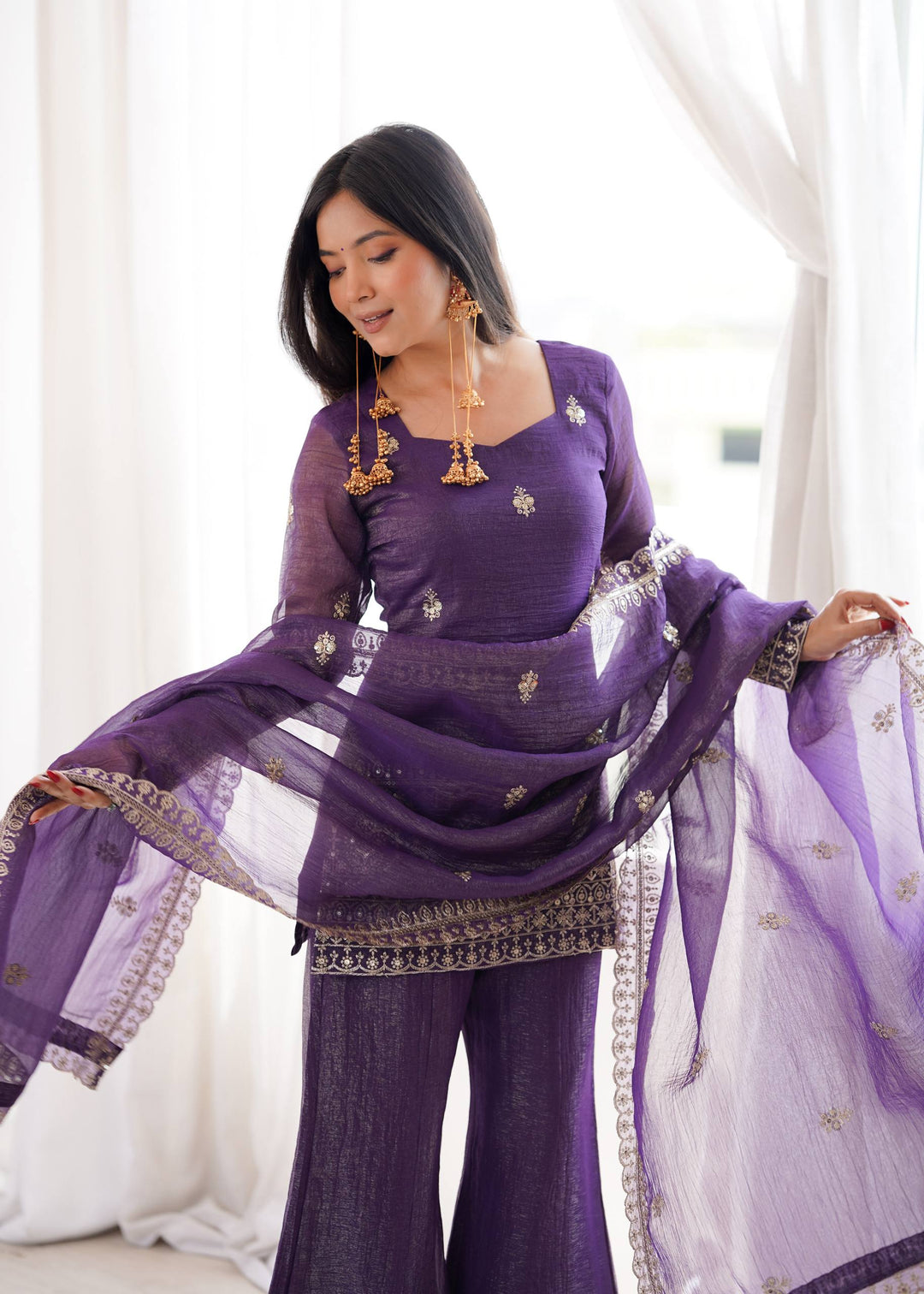 Purple Crunchy Silk Top with Bell Bottom