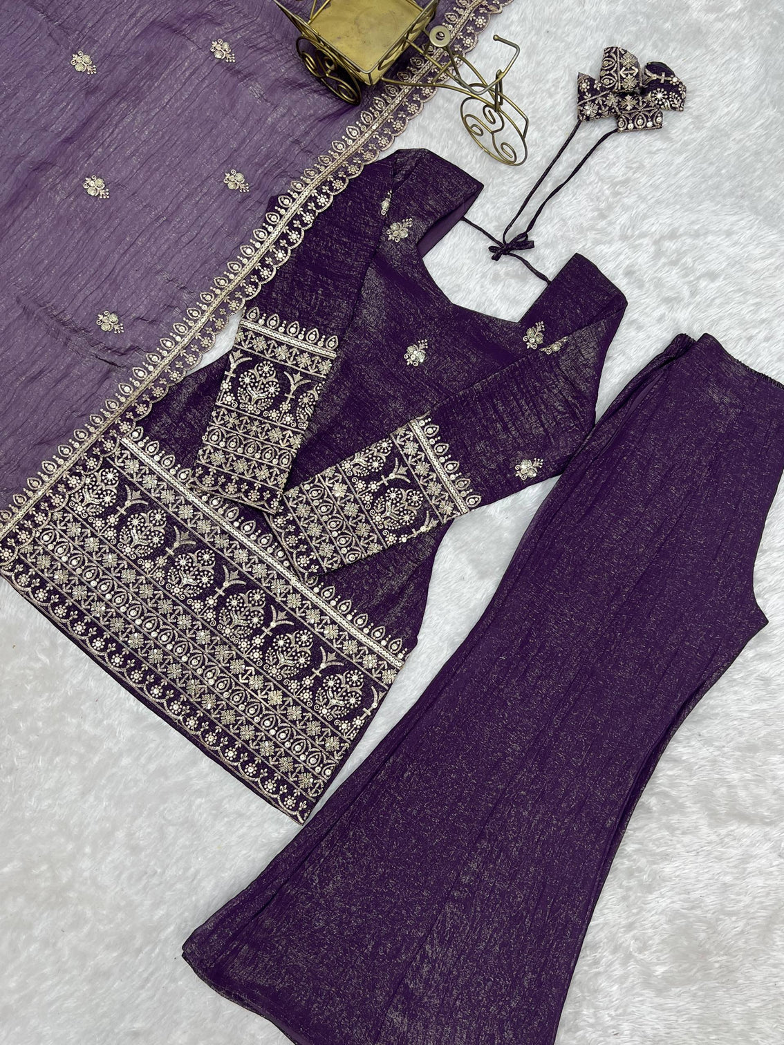 Purple Crunchy Silk Top with Bell Bottom