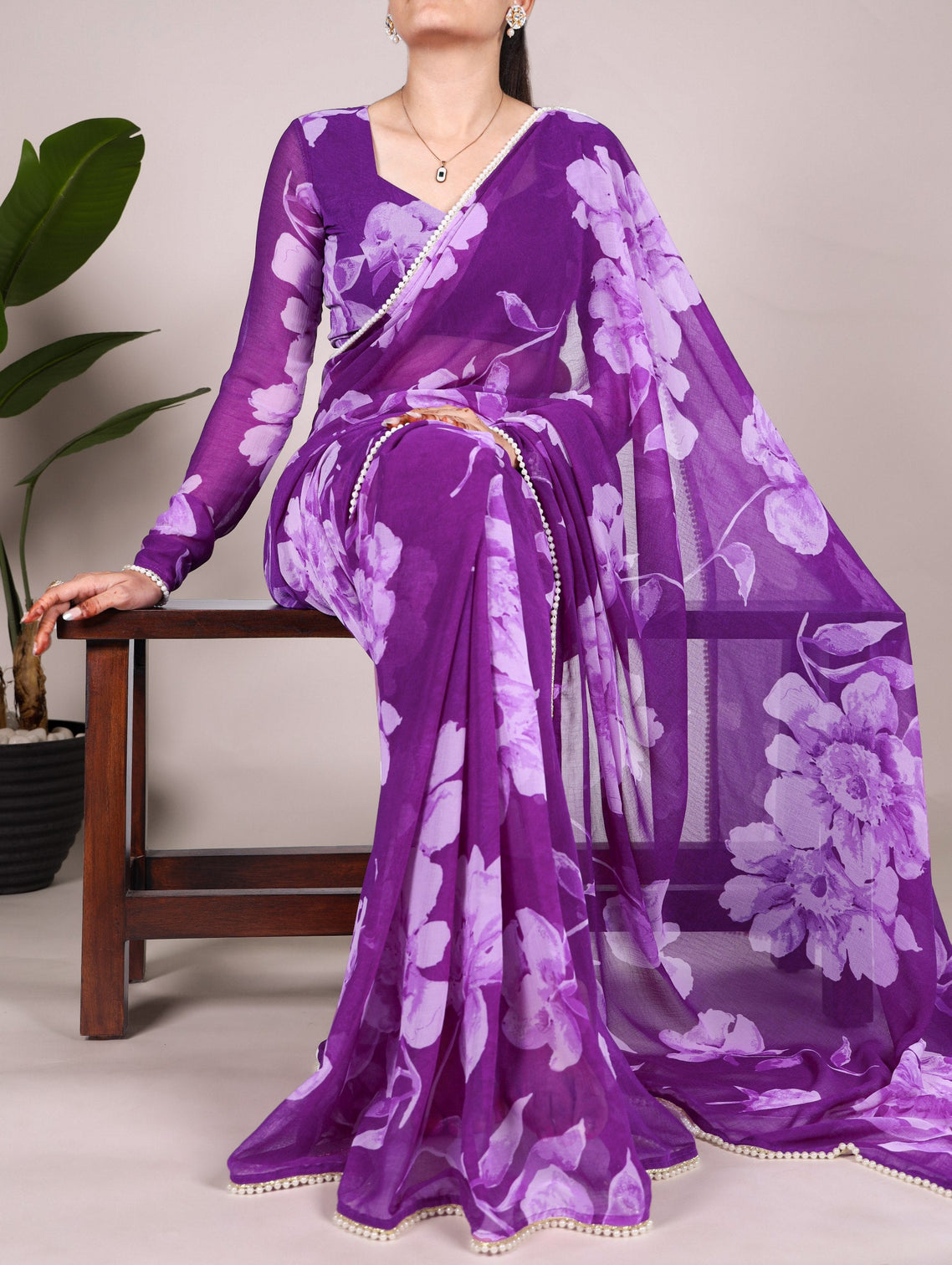 Purple Delicate Blooms Chiffon Saree with Floral Print and Pearl Lace Border