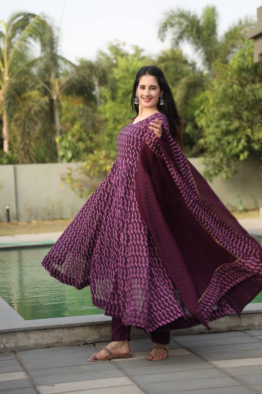 Purple Designer Digital Print Anarkali Suit Set with Dupatta – Premium Georgette & Micro Cotton