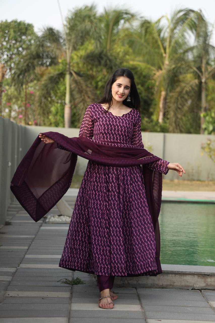 Purple Designer Digital Print Anarkali Suit Set with Dupatta – Premium Georgette & Micro Cotton