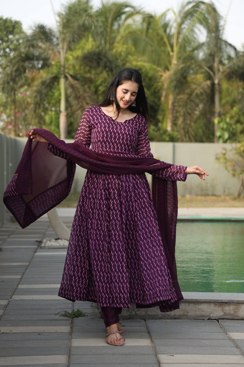 Purple Designer Digital Print Anarkali Suit Set with Dupatta – Premium Georgette & Micro Cotton