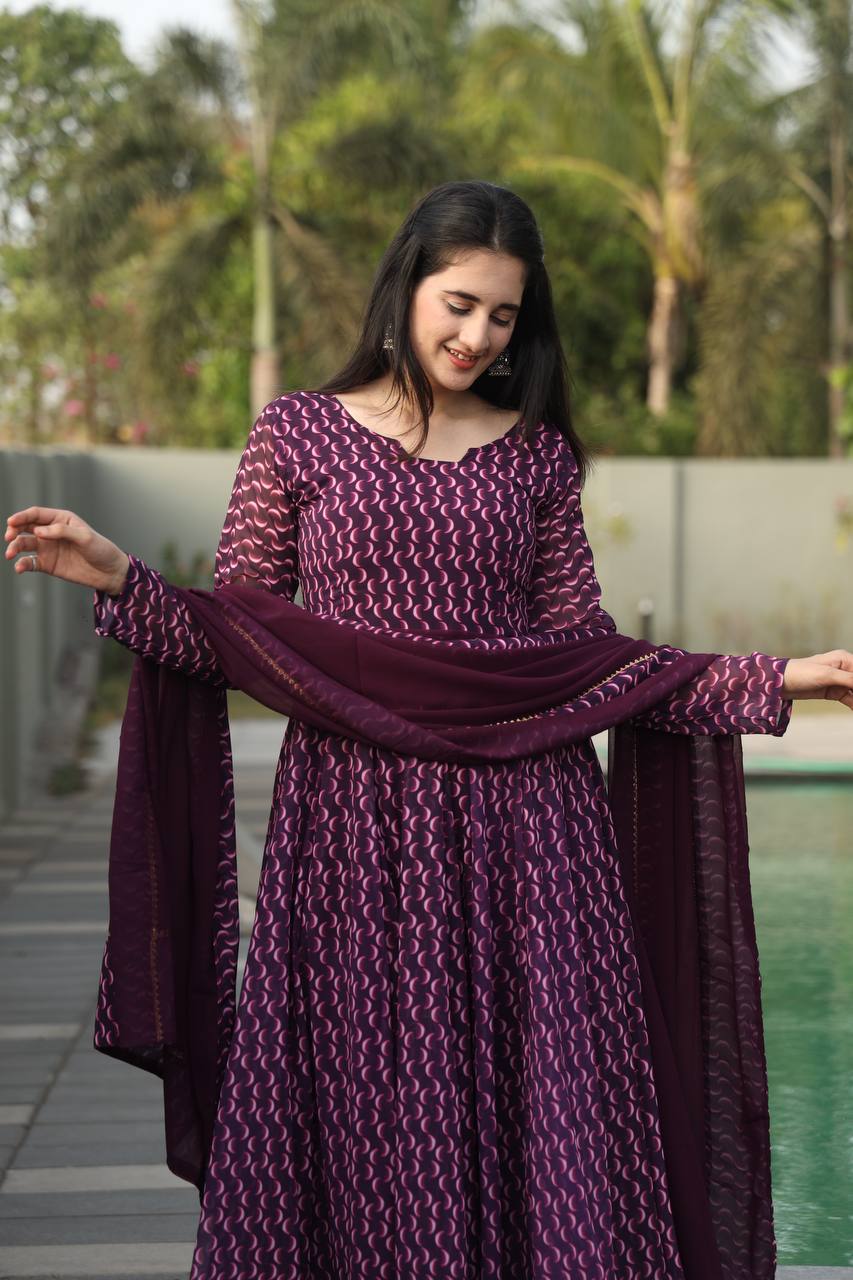 Purple Designer Digital Print Anarkali Suit Set with Dupatta – Premium Georgette & Micro Cotton