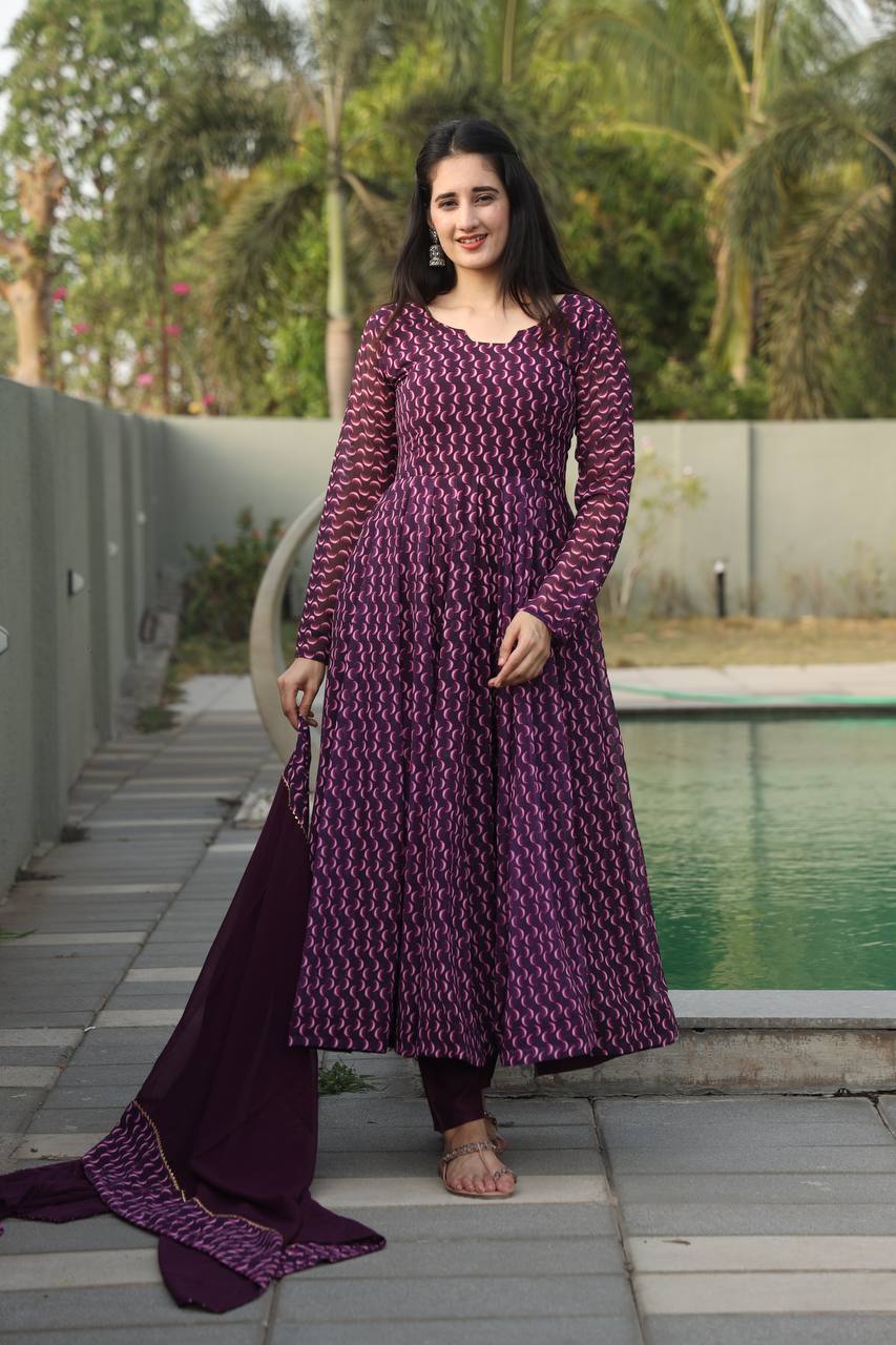 Purple Designer Digital Print Anarkali Suit Set with Dupatta – Premium Georgette & Micro Cotton