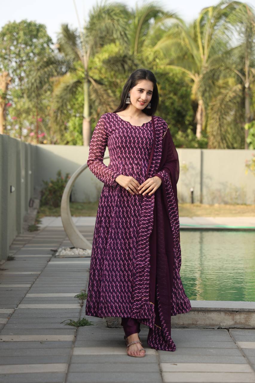 Purple Designer Digital Print Anarkali Suit Set with Dupatta – Premium Georgette & Micro Cotton