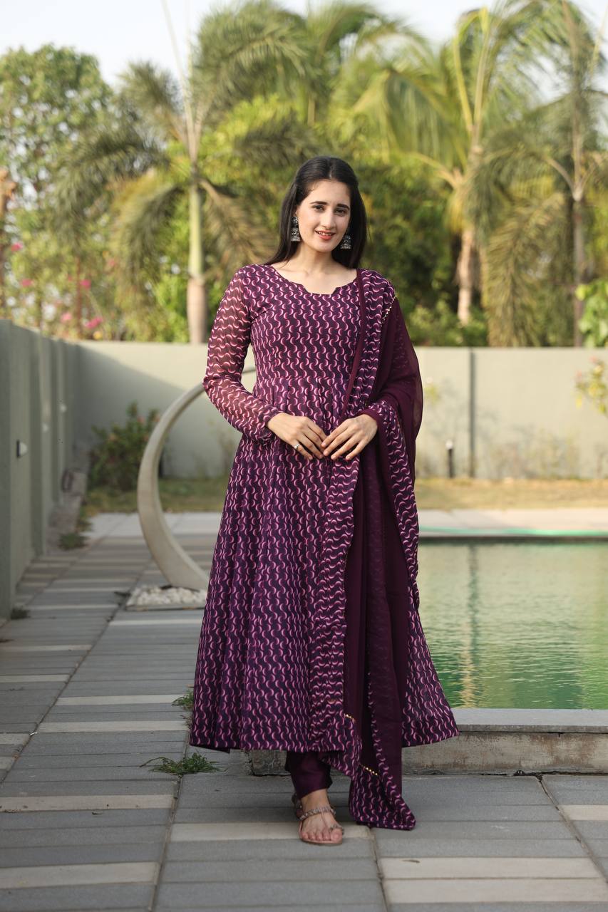 Purple Designer Digital Print Anarkali Suit Set with Dupatta – Premium Georgette & Micro Cotton