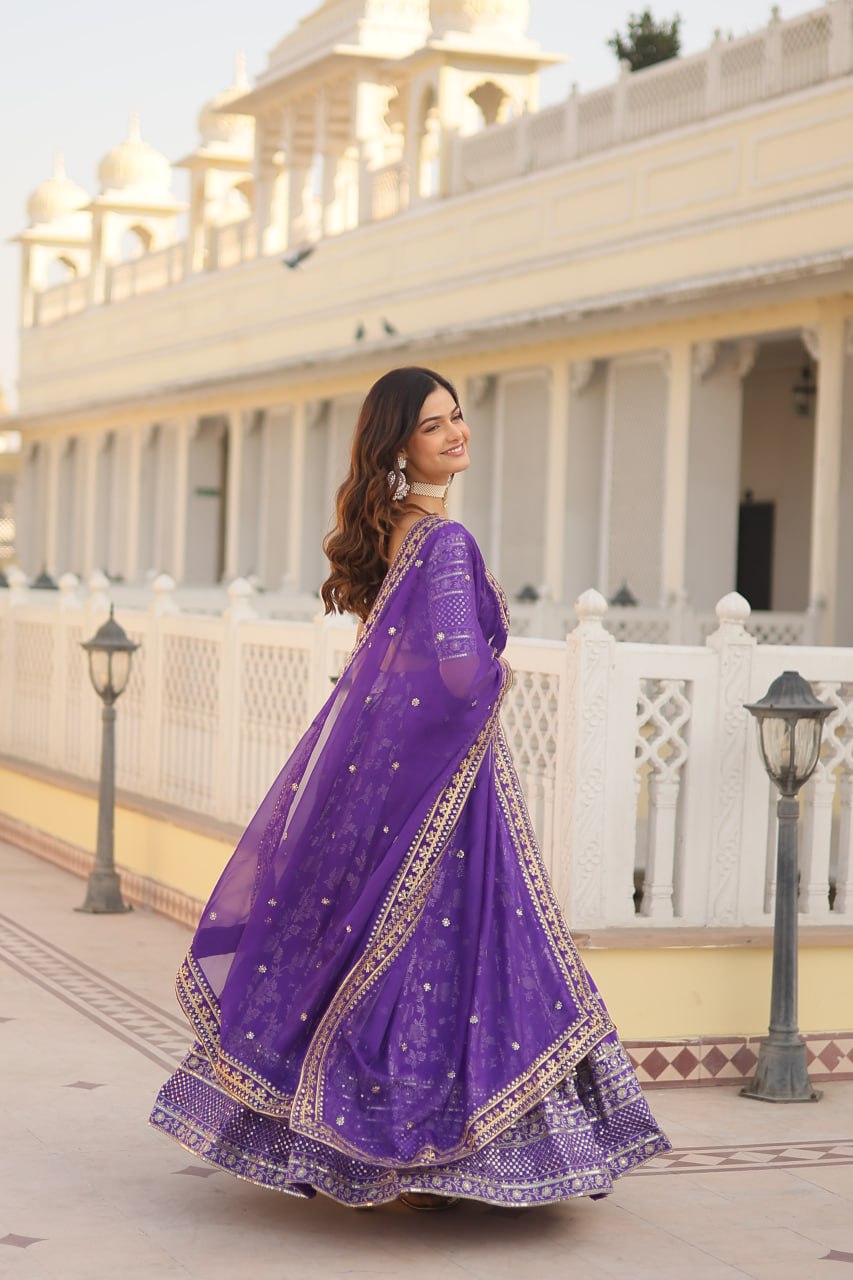 Purple Designer Dyeable Pure Viscose Jacquard Fabric Lehenga Choli & Dupatta Set