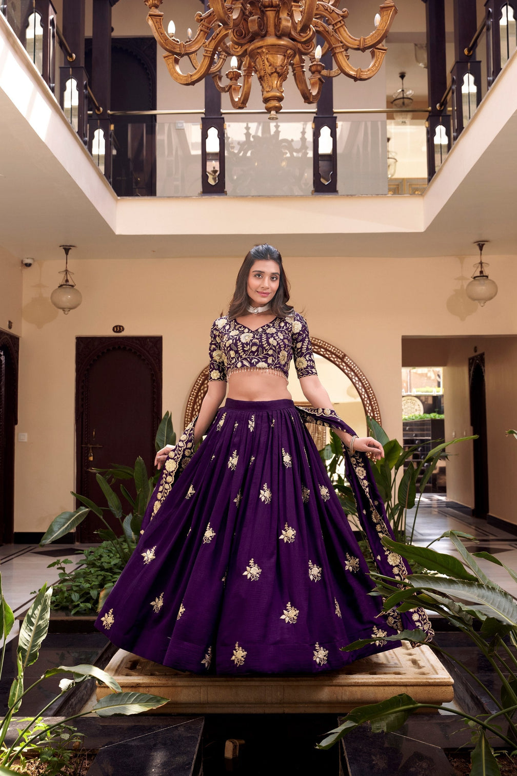 Purple Designer Embellished Lehenga Set in Vichitra Silk, Weone Silk, Star Georgette & New Crush