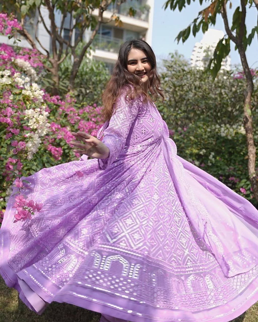 Purple Designer Faux Blooming Anarkali Suit with Heavy Sequins & Thread Embroidery