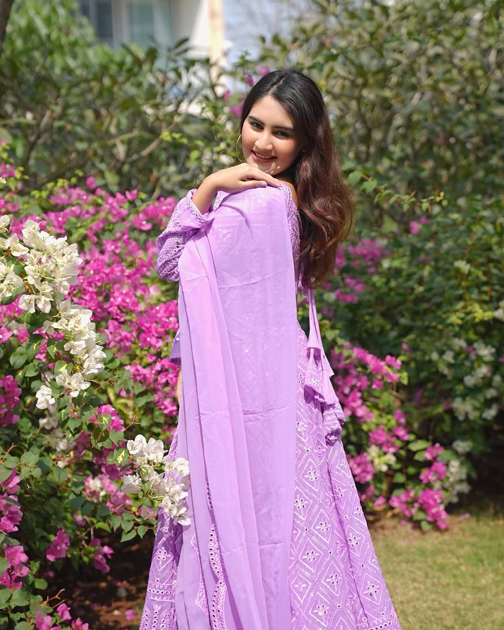 Purple Designer Faux Blooming Anarkali Suit with Heavy Sequins & Thread Embroidery