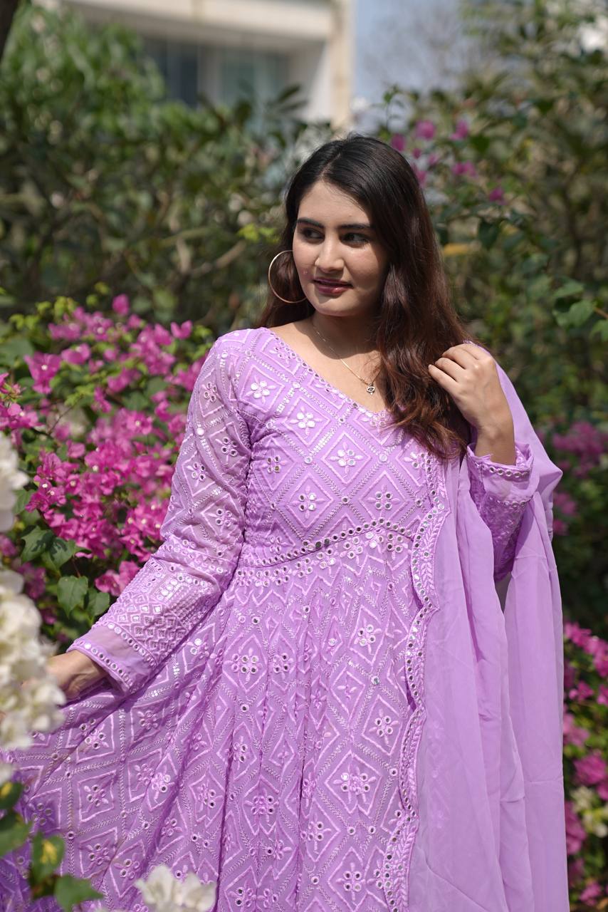 Purple Designer Faux Blooming Anarkali Suit with Heavy Sequins & Thread Embroidery