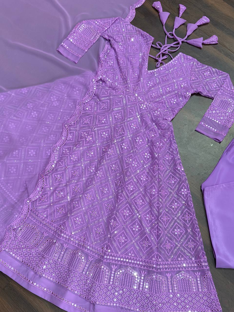 Purple Designer Faux Blooming Anarkali Suit with Heavy Sequins & Thread Embroidery