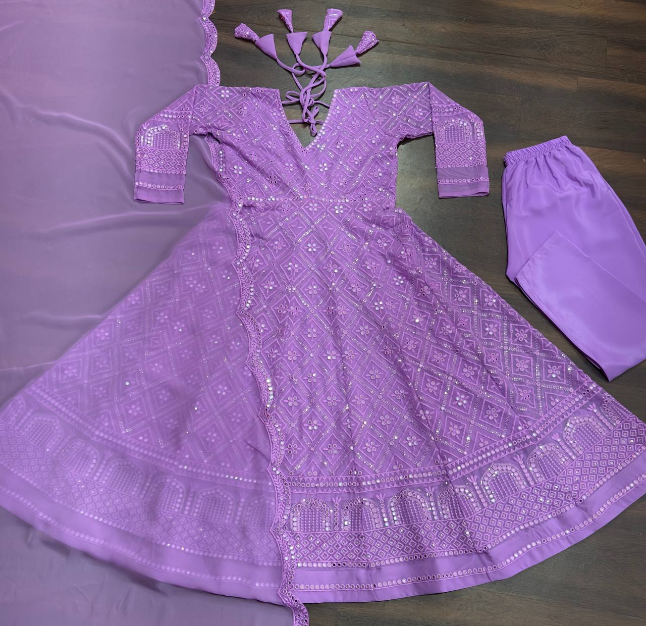 Purple Designer Faux Blooming Anarkali Suit with Heavy Sequins & Thread Embroidery