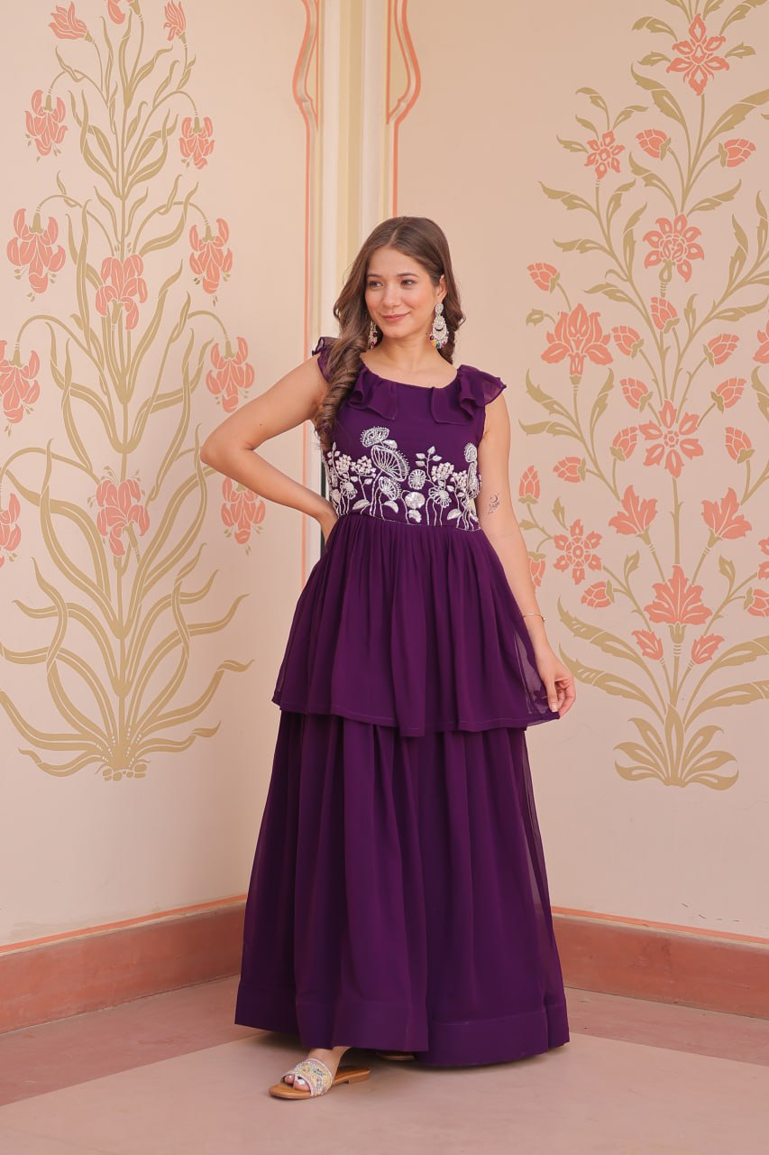 Purple Designer Faux Blooming Embroidered Gown with Bead Work & Canvas Patta