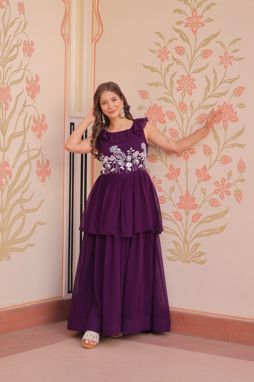 Purple Designer Faux Blooming Embroidered Gown with Bead Work & Canvas Patta