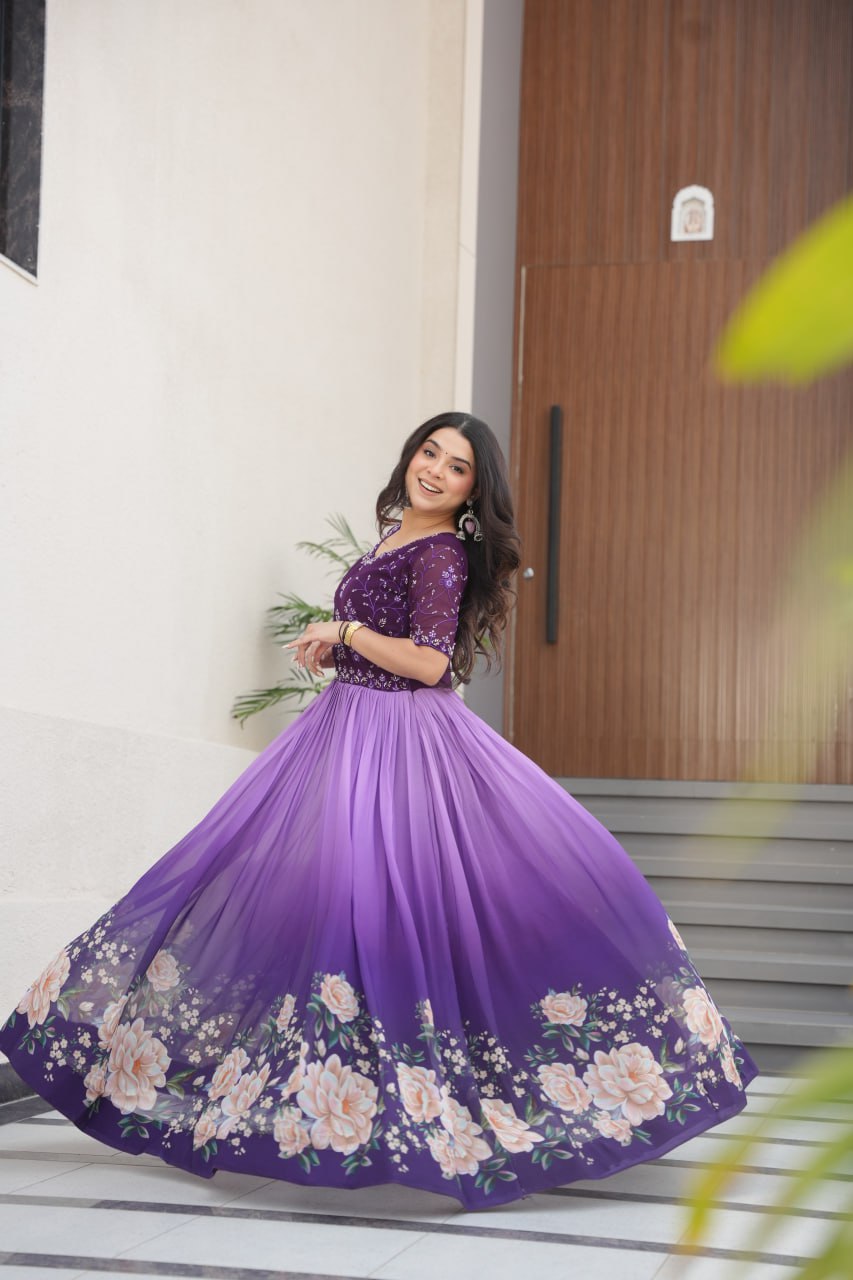 Purple Designer Faux Blooming Gown with Bead Embroidery & Digital Floral Print