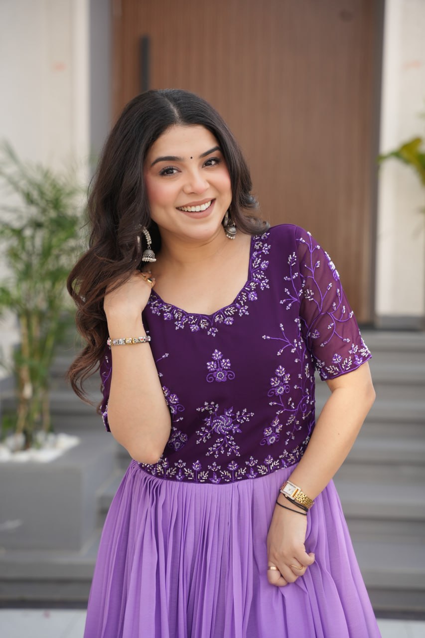 Purple Designer Faux Blooming Gown with Bead Embroidery & Digital Floral Print