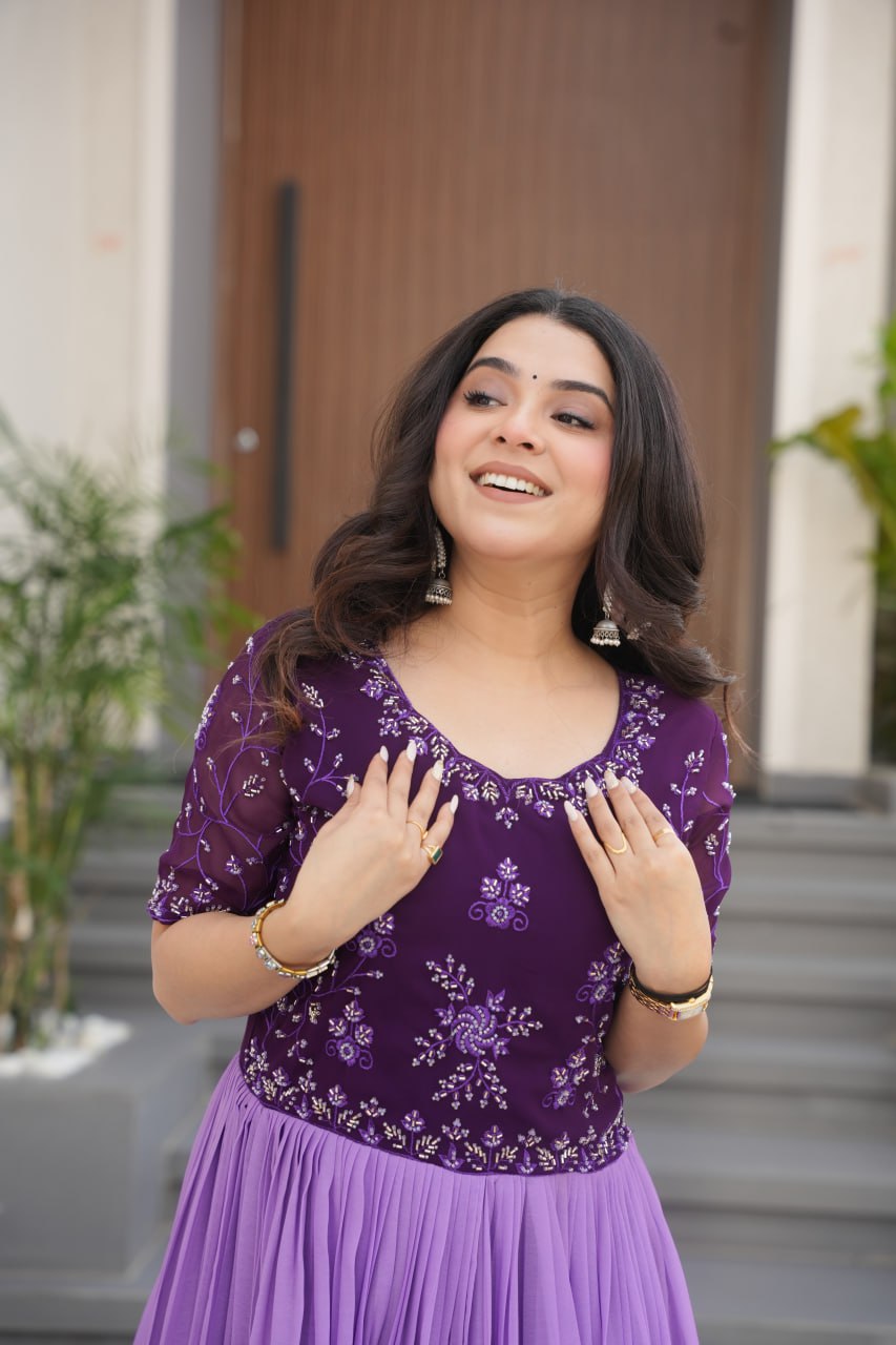 Purple Designer Faux Blooming Gown with Bead Embroidery & Digital Floral Print