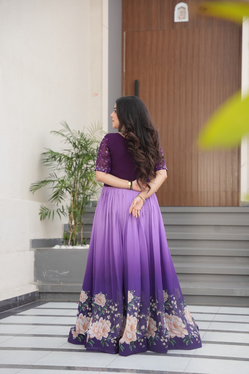 Purple Designer Faux Blooming Gown with Bead Embroidery & Digital Floral Print