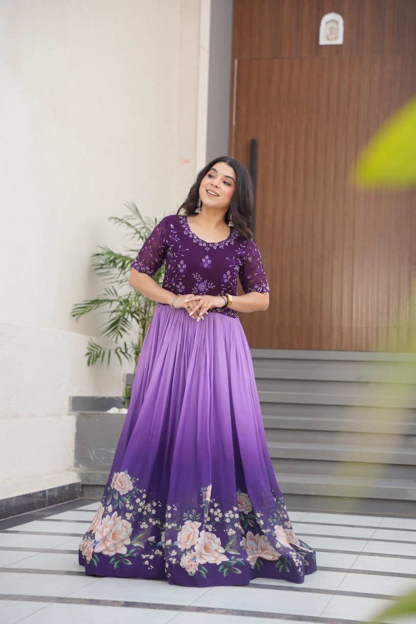Purple Designer Faux Blooming Gown with Bead Embroidery & Digital Floral Print